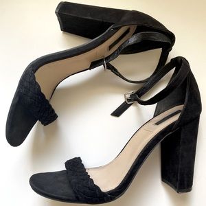 Black Faux Suede Braided Strap Heels
